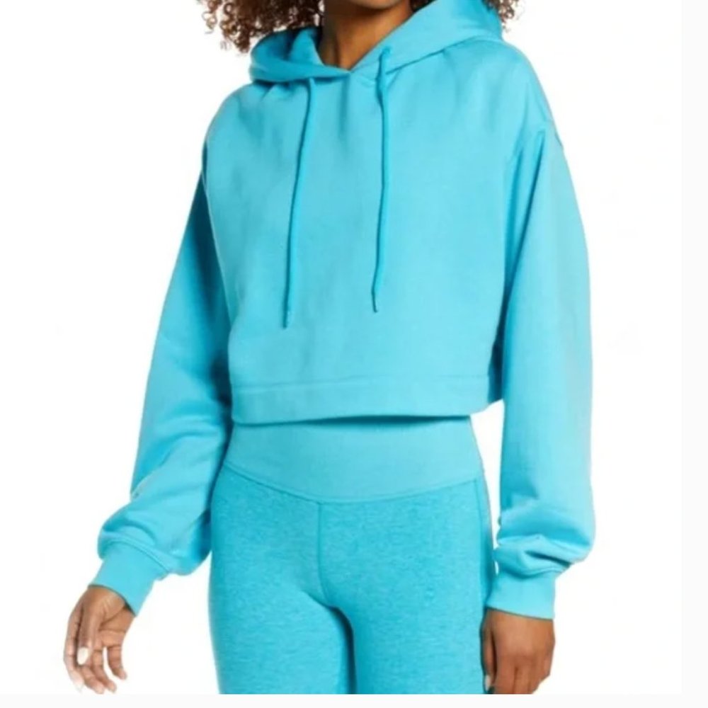 ALO YOGA Blue Bright Aqua Bae Cropped Hoodie Sweatshirt XS